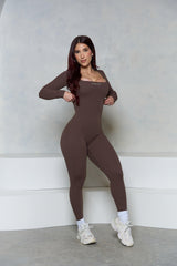 Light Brown Square Neck Long Sleeve Jumpsuit - Pcheebum