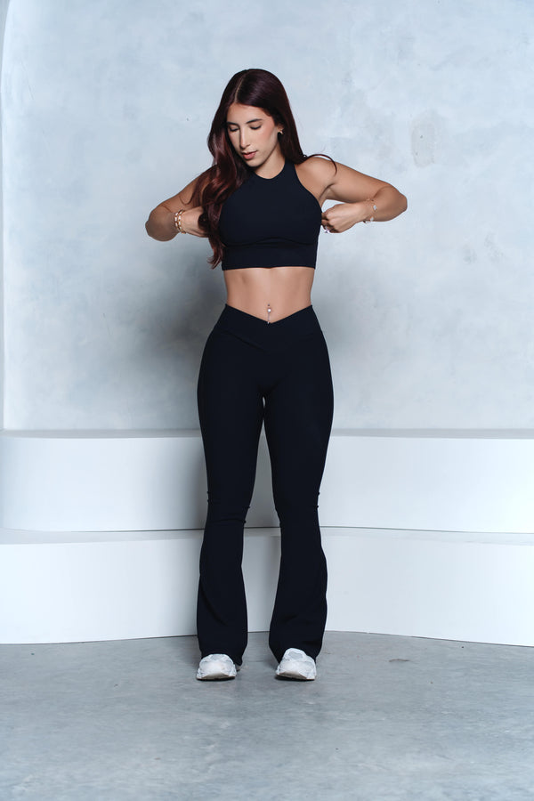 Black Ribbed Crop Top and V-Waist Flare Pant Set