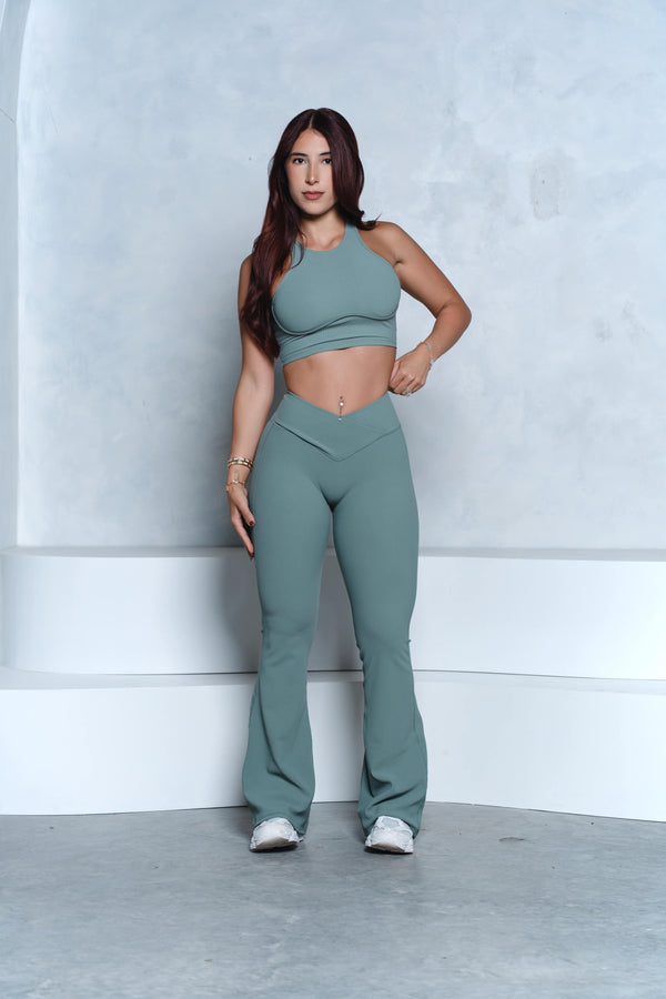 Sage Ribbed Crop Top and V-Waist Flare Pant Set