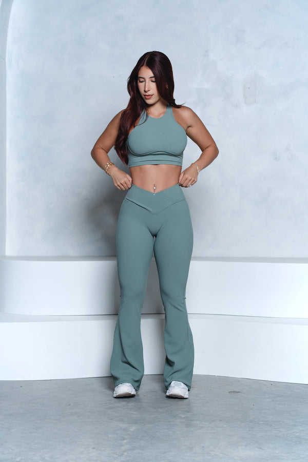 Sage Ribbed Crop Top and V-Waist Flare Pant Set