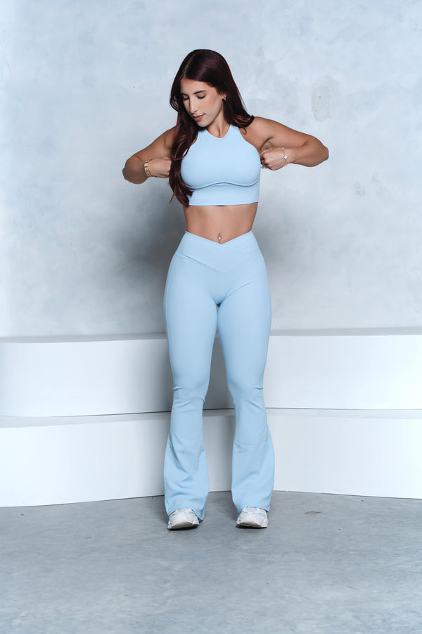 Baby Blue Ribbed Crop Top and V-Waist Flare Pant Set