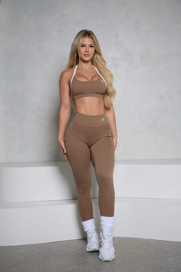 Mocha Two-Tone Halter Bra and Legging Set - Pcheebum