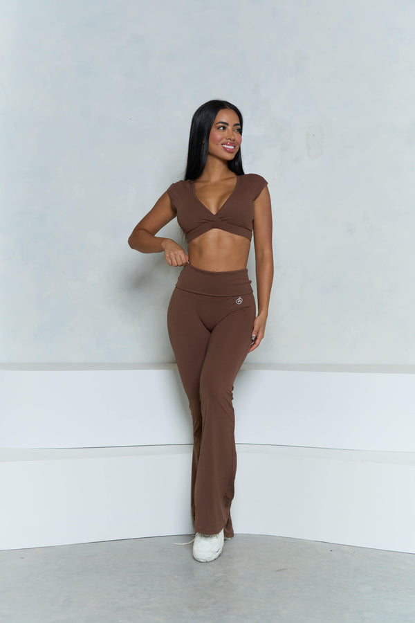 Brown V-Neck Crop Top and Flare Pant Set