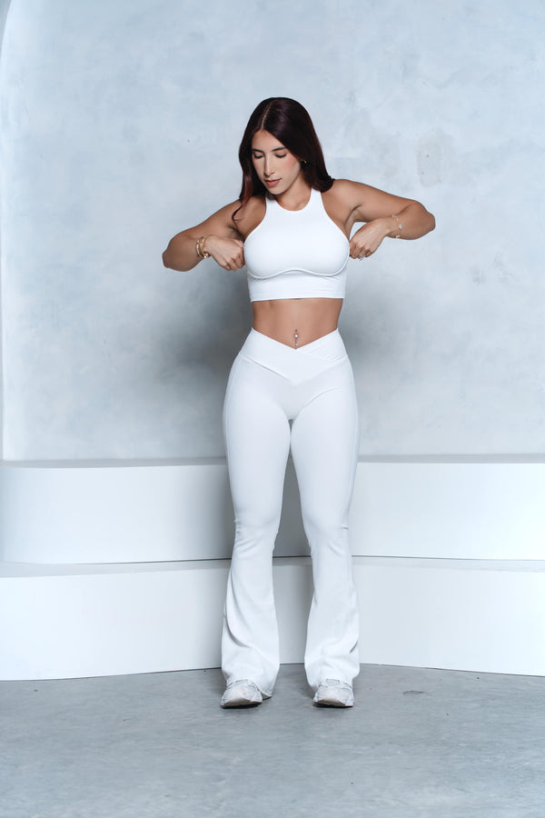 White Ribbed Crop Top and V-Waist Flare Pant Set