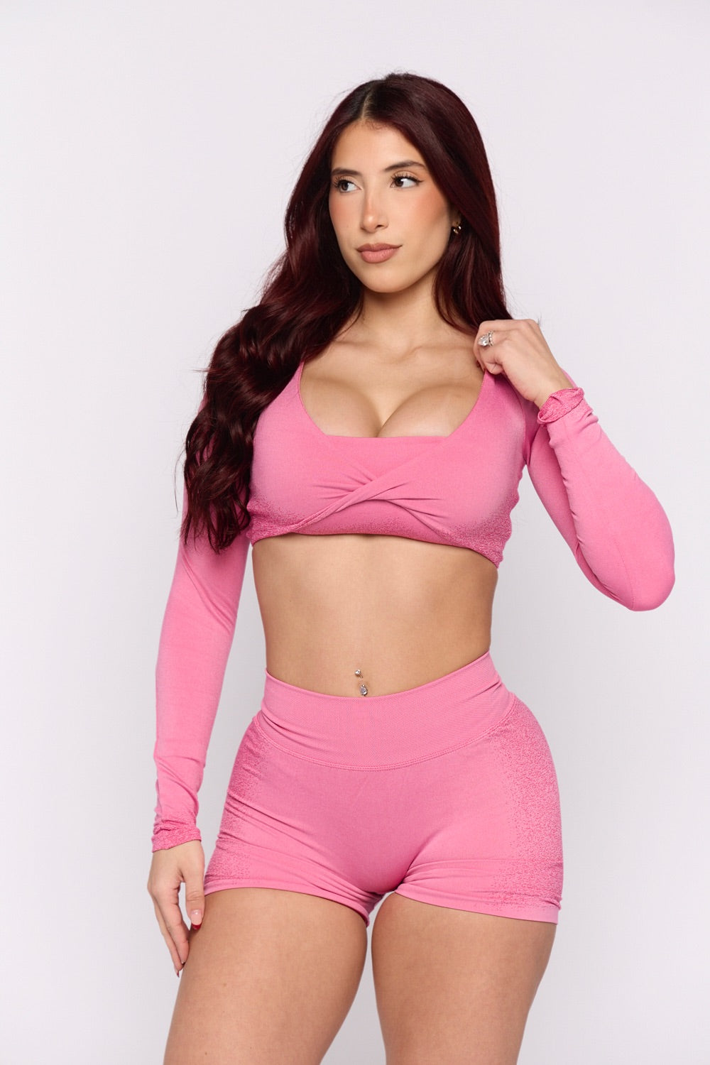 Pink Spray Long Sleeve Crop Top